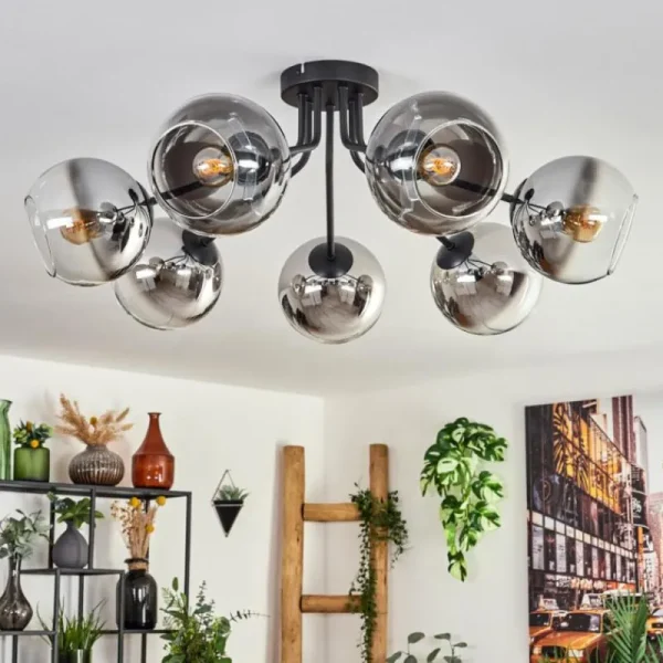 hofstein Plafonnier - Verre Koyoto Chrome, Clair, Fumé, 7 lumières* Lampes Modernes