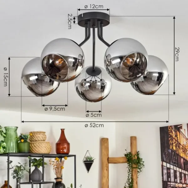hofstein Plafonnier - Verre Koyoto Chrome, Fumé, 5 lumières* Lampes Modernes