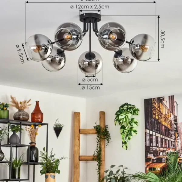 hofstein Plafonnier - Verre Koyoto Chrome, Clair, Fumé, 7 lumières* Lampes Modernes