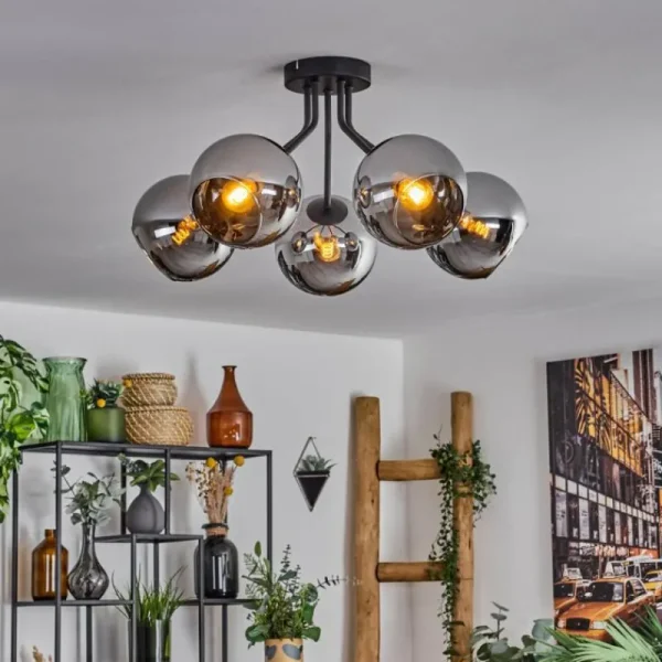 hofstein Plafonnier - Verre Koyoto Chrome, Fumé, 5 lumières* Lampes Modernes