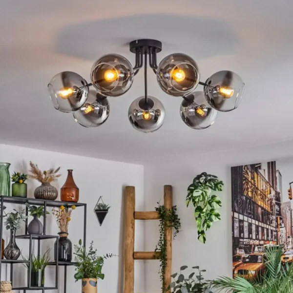 hofstein Plafonnier - Verre Koyoto Chrome, Clair, Fumé, 7 lumières* Lampes Modernes