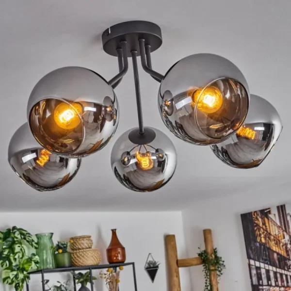 hofstein Plafonnier - Verre Koyoto Chrome, Fumé, 5 lumières* Lampes Modernes