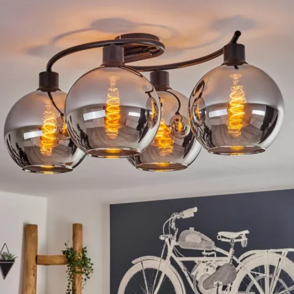 hofstein Plafonnier - Verre Koyoto Chrome, Fumé, 4 lumières* Lampes Modernes