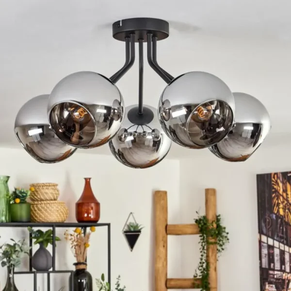 hofstein Plafonnier - Verre Koyoto Chrome, Fumé, 5 lumières* Lampes Modernes