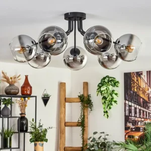 hofstein Plafonnier - Verre Koyoto Chrome, Clair, Fumé, 7 lumières* Lampes Modernes