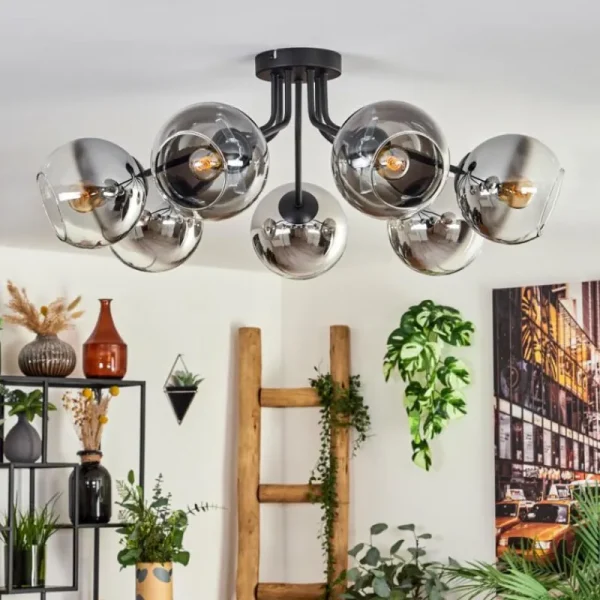 hofstein Plafonnier - Verre Koyoto Chrome, Clair, Fumé, 7 lumières* Lampes Modernes