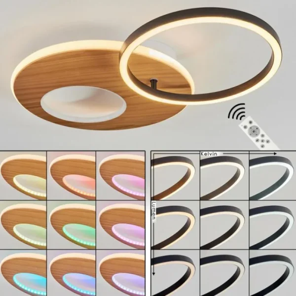hofstein Plafonnier Abonakope LED Couleur bois, Écru, Noir, 2 lumières, Télécommandes, Changeur de couleurs* Lampes Modernes