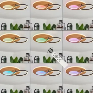 hofstein Plafonnier Abonakope LED Couleur bois, Écru, Noir, 2 lumières, Télécommandes, Changeur de couleurs* Lampes Modernes