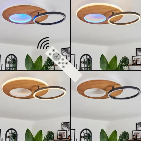 hofstein Plafonnier Abonakope LED Couleur bois, Écru, Noir, 2 lumières, Télécommandes, Changeur de couleurs* Lampes Modernes