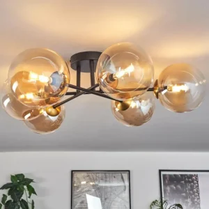 hofstein Plafonnier Chehalis Or, Noir, 6 lumières* Lampes En Verre