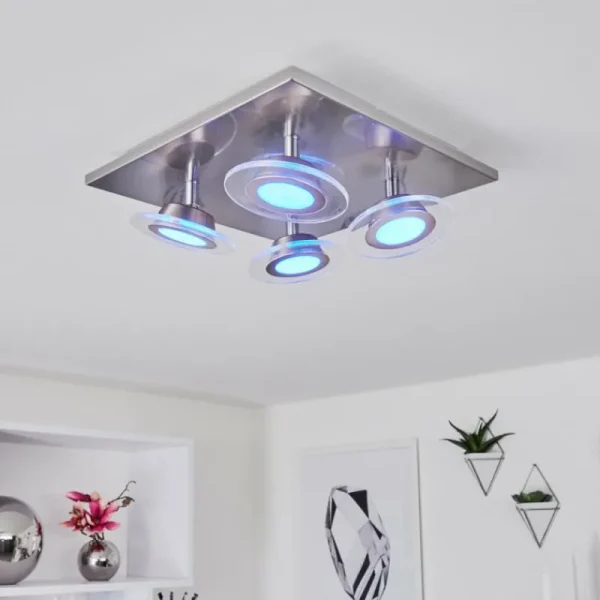 hofstein Plafonnier Marsen LED Nickel mat, 4 lumières, Télécommandes, Changeur de couleurs* Lampes Modernes