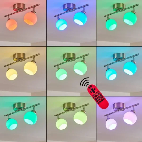 hofstein Plafonnier Motala LED Nickel mat, 2 lumières, Télécommandes, Changeur de couleurs* Lampes En Verre