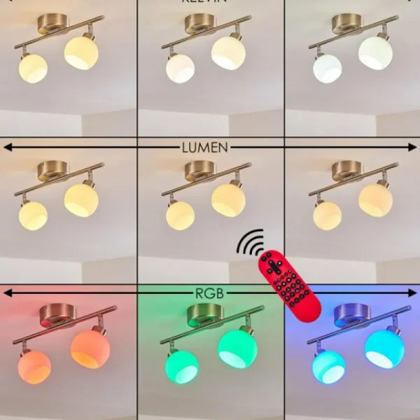 hofstein Plafonnier Motala LED Nickel mat, 2 lumières, Télécommandes, Changeur de couleurs* Lampes En Verre