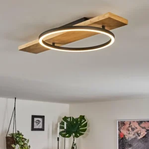 hofstein Plafonnier Pompu LED Bois clair, Noir, 1 lumière* Lampes Modernes