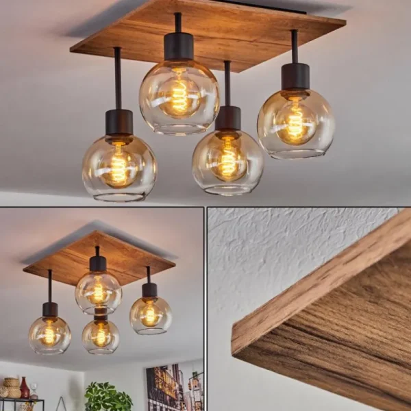 hofstein Plafonnier Vouhet Brun, Couleur bois, Noir, 4 lumières* Lampes Modernes