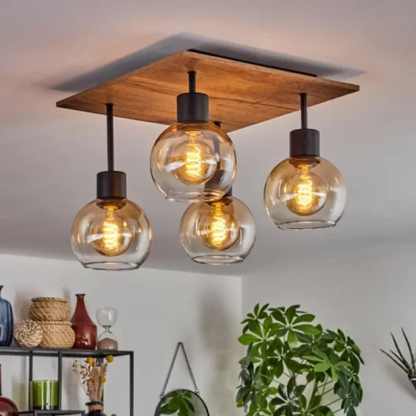 hofstein Plafonnier Vouhet Brun, Couleur bois, Noir, 4 lumières* Lampes Modernes