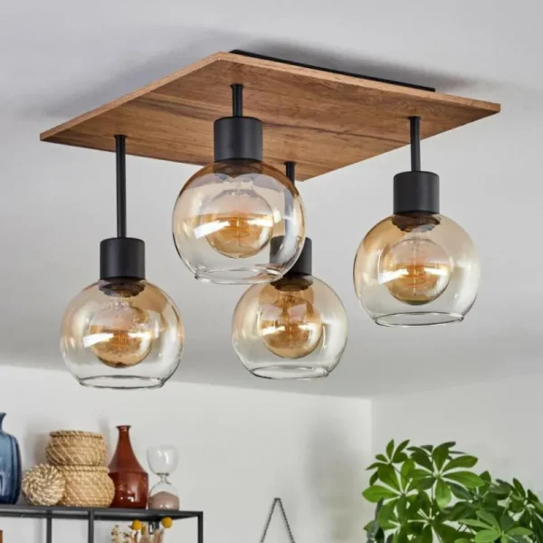 hofstein Plafonnier Vouhet Brun, Couleur bois, Noir, 4 lumières* Lampes Modernes