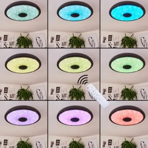 hofstein Plafonnier Vully LED Noir, 1 lumière, Télécommandes, Changeur de couleurs* Lampes Modernes