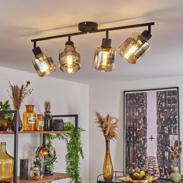 hofstein Plafonnier Wigan Noir, 4 lumières* Lampes En Verre
