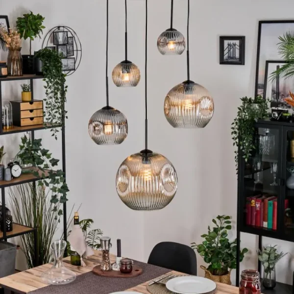 hofstein Ripoll Suspension, Boule lumineuse, Suspension grappe Ambre, Clair, Fumé, 5 lumières* Lampes Modernes