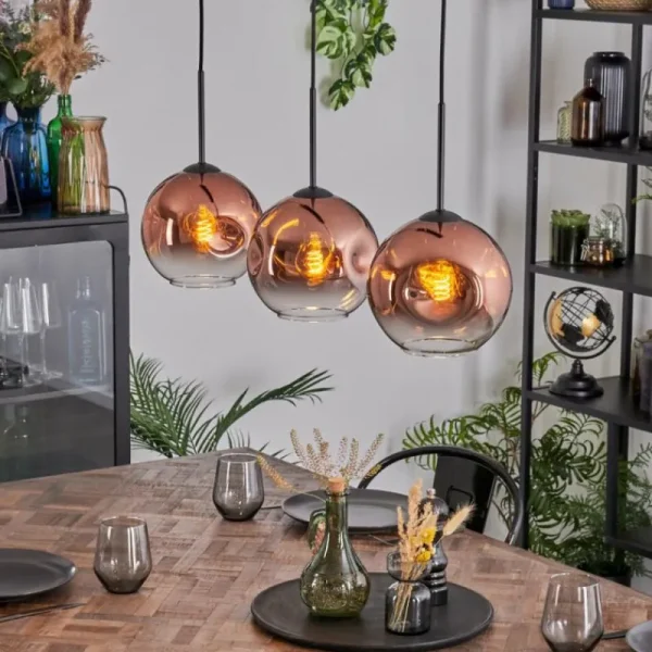 hofstein Ripoll Suspension, Boule lumineuse, Suspension Clair, Cuivré, 3 lumières* Lampes En Verre
