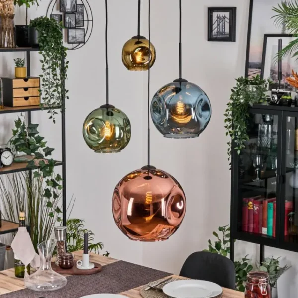 hofstein Ripoll Suspension, Boule lumineuse, Suspension grappe Bleu, Or, Vert, Cuivré, 4 lumières* Lampes En Verre