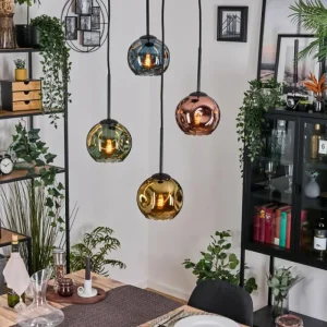 hofstein Ripoll Suspension, Boule lumineuse, Suspension grappe Bleu, Or, Vert, Cuivré, 4 lumières* Lampes En Verre