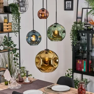 hofstein Ripoll Suspension, Boule lumineuse, Suspension grappe Bleu, Or, Vert, Cuivré, 4 lumières* Lampes En Verre