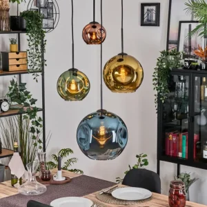 hofstein Ripoll Suspension, Boule lumineuse, Suspension grappe Bleu, Or, Vert, Cuivré, 4 lumières* Lampes En Verre