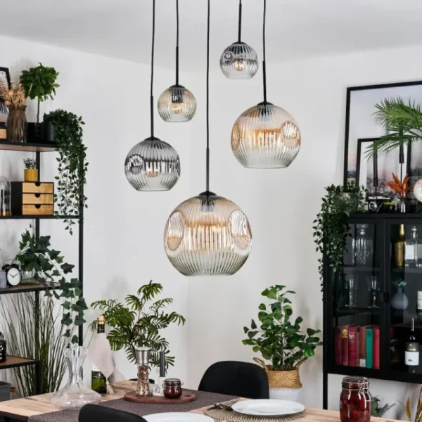 hofstein Ripoll Suspension, Boule lumineuse, Suspension grappe Ambre, Clair, Fumé, 5 lumières* Lampes Modernes