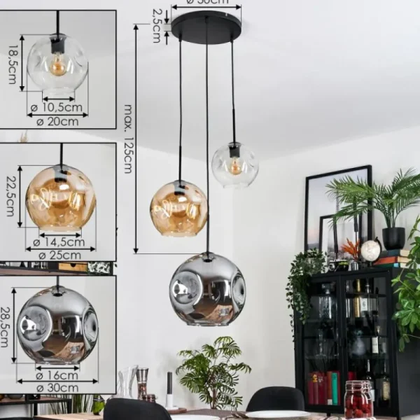 hofstein Ripoll Suspension, Boule lumineuse, Suspension, Suspension grappe Ambre, Clair, Fumé, 3 lumières* Lampes Modernes