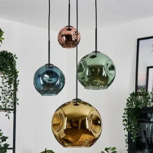 hofstein Ripoll Suspension, Boule lumineuse, Suspension grappe Bleu, Or, Vert, Cuivré, 4 lumières* Lampes En Verre