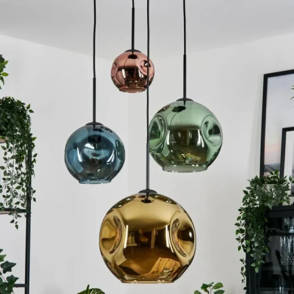 hofstein Ripoll Suspension, Boule lumineuse, Suspension grappe Bleu, Or, Vert, Cuivré, 4 lumières* Lampes En Verre