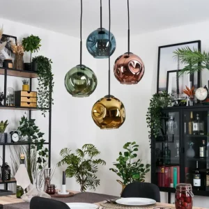 hofstein Ripoll Suspension, Boule lumineuse, Suspension grappe Bleu, Or, Vert, Cuivré, 4 lumières* Lampes En Verre
