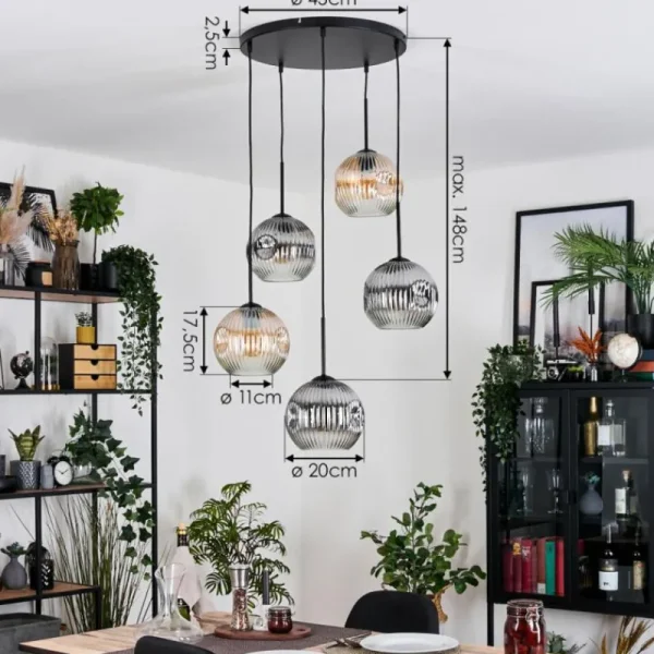 hofstein Ripoll Suspension, Boule lumineuse, Suspension grappe Ambre, Clair, Fumé, 5 lumières* Lampes Modernes