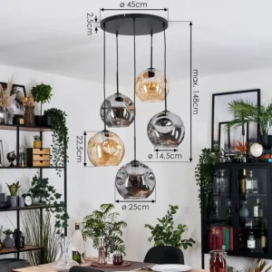 hofstein Ripoll Suspension, Boule lumineuse, Suspension grappe Ambre, Fumé, 5 lumières* Lampes Modernes