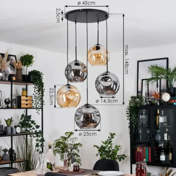 hofstein Ripoll Suspension, Boule lumineuse, Suspension grappe Ambre, Fumé, 5 lumières* Lampes Modernes