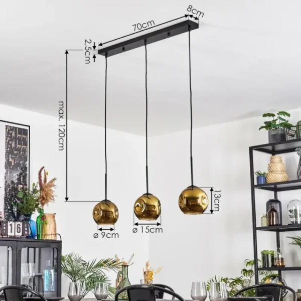 hofstein Ripoll Suspension, Boule lumineuse, Suspension Or, 3 lumières* Lampes En Verre