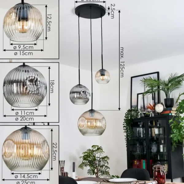 hofstein Ripoll Suspension, Boule lumineuse, Suspension grappe Ambre, Clair, Fumé, 3 lumières* Lampes Modernes