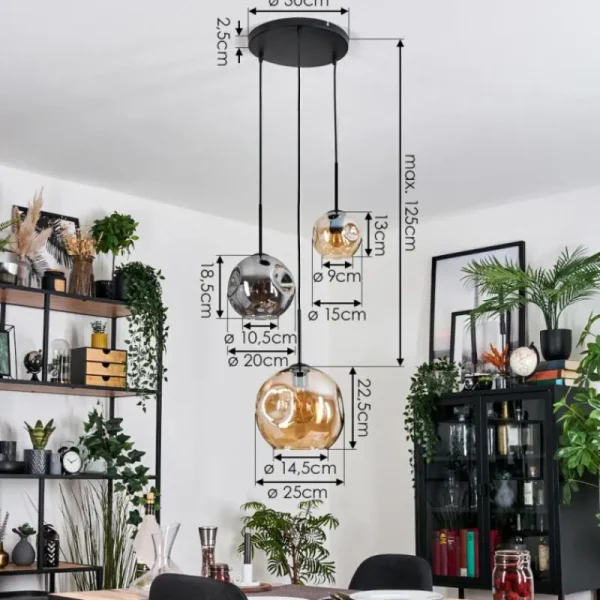 hofstein Ripoll Suspension, Boule lumineuse, Suspension Ambre, Fumé, 3 lumières* Lampes Modernes