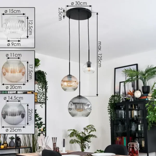 hofstein Ripoll Suspension, Boule lumineuse, Suspension, Suspension grappe Ambre, Clair, Fumé, 3 lumières* Lampes Modernes