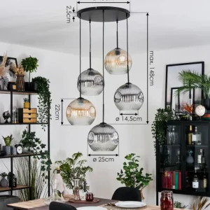 hofstein Ripoll Suspension, Boule lumineuse, Suspension grappe Ambre, Clair, Fumé, 5 lumières* Lampes Modernes