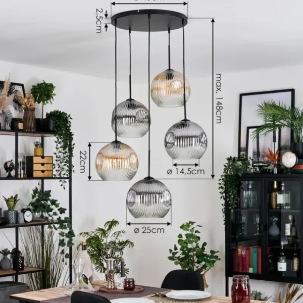 hofstein Ripoll Suspension, Boule lumineuse, Suspension grappe Ambre, Clair, Fumé, 5 lumières* Lampes Modernes