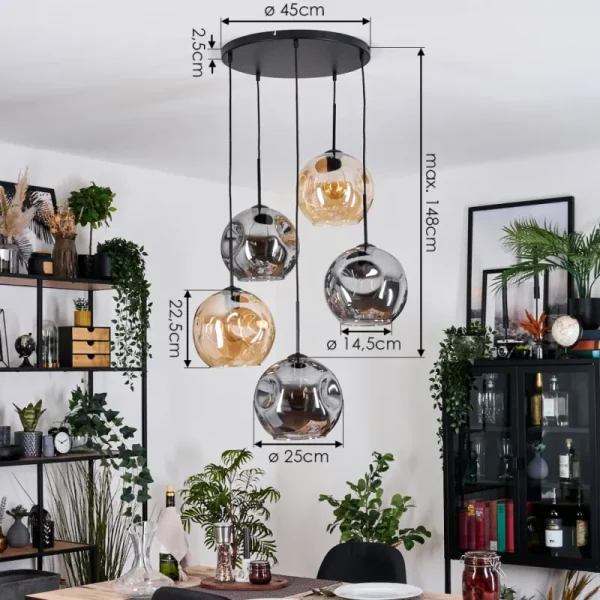 hofstein Ripoll Suspension, Boule lumineuse, Suspension grappe Ambre, Fumé, 5 lumières* Lampes Modernes