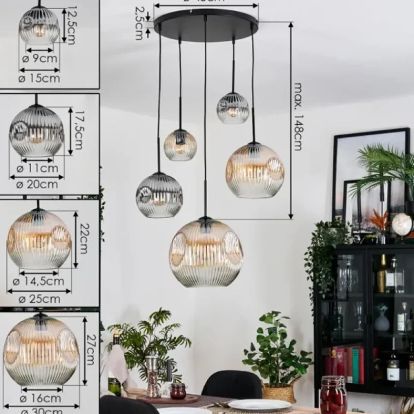 hofstein Ripoll Suspension, Boule lumineuse, Suspension grappe Ambre, Clair, Fumé, 5 lumières* Lampes Modernes