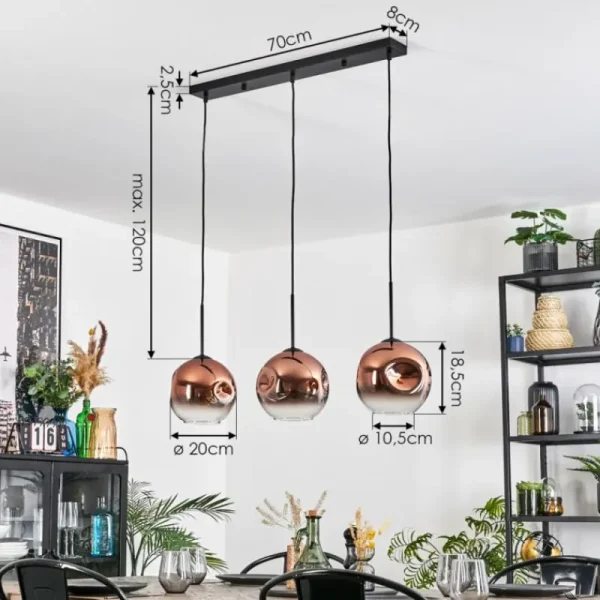 hofstein Ripoll Suspension, Boule lumineuse, Suspension Clair, Cuivré, 3 lumières* Lampes En Verre