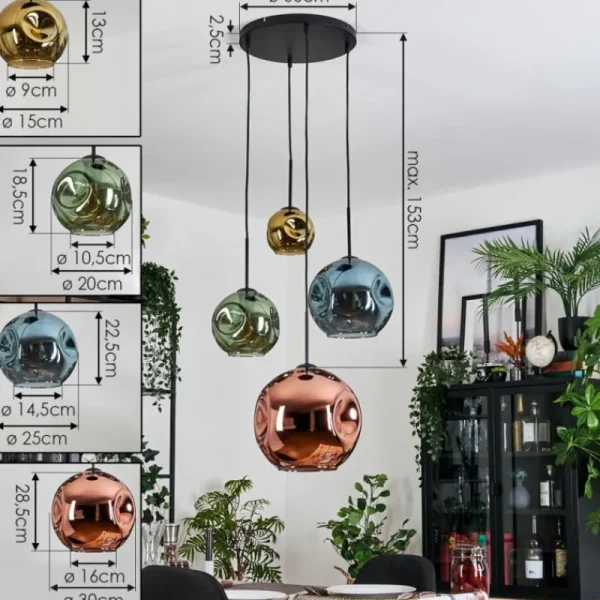 hofstein Ripoll Suspension, Boule lumineuse, Suspension grappe Bleu, Or, Vert, Cuivré, 4 lumières* Lampes En Verre