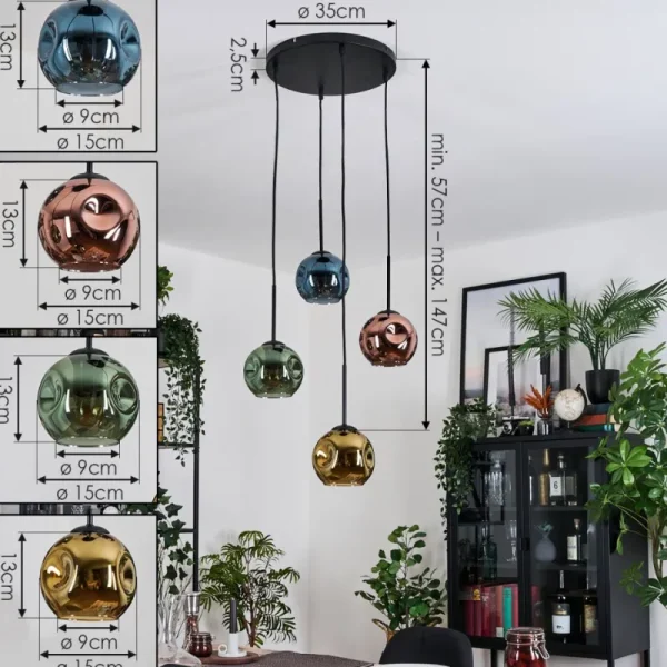 hofstein Ripoll Suspension, Boule lumineuse, Suspension grappe Bleu, Or, Vert, Cuivré, 4 lumières* Lampes En Verre