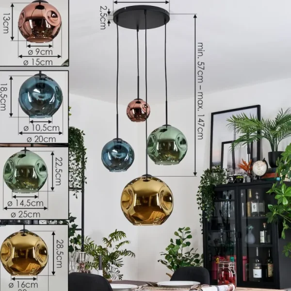 hofstein Ripoll Suspension, Boule lumineuse, Suspension grappe Bleu, Or, Vert, Cuivré, 4 lumières* Lampes En Verre