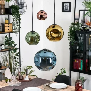 hofstein Ripoll Suspension, Boule lumineuse, Suspension grappe Bleu, Or, Vert, Cuivré, 4 lumières* Lampes En Verre